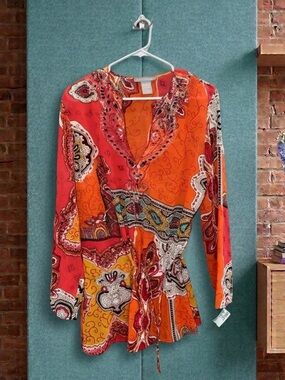 NY Collection Red & Orange Paisley Tie-Waist Tunic